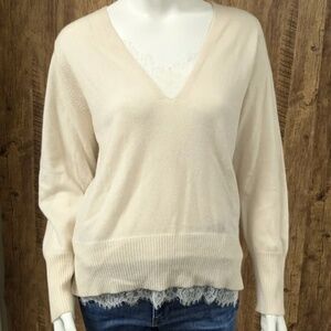 Brochu Walker Lace Vee Looker Cream Lace Trimmed Cashmere Wool Sweater XS
